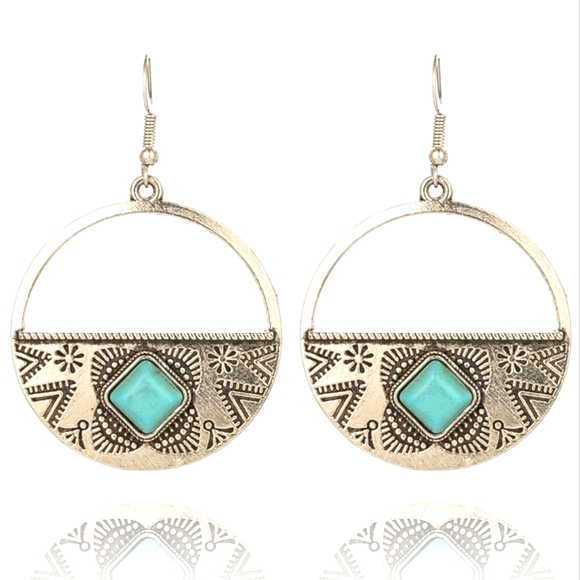 Boho Festival Folk Round Drop Turquoise Earrings - Picture 6 of 10